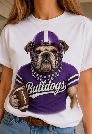 Maroon bulldog in a football helmet on a white crew neck tee