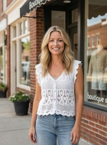 Vintage-Vibe Ruffle Sleeve Crochet Vest | Artisanal Boutique Find