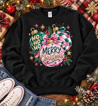 Pink ornament Merry Christmas crystal sweatshirt styled with jeans and sneakers