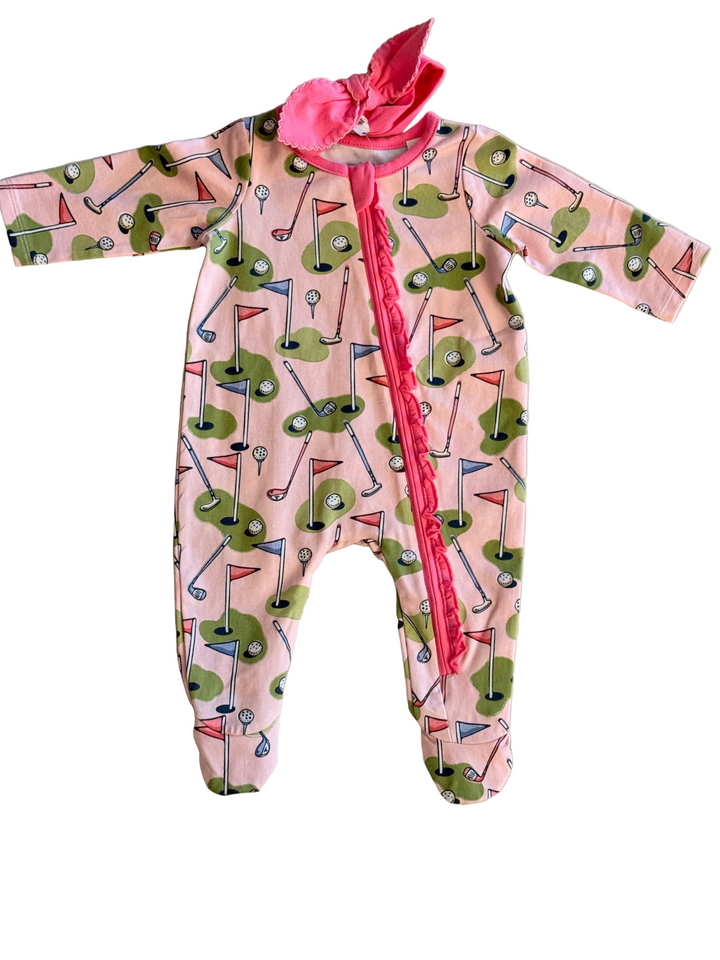 Little Caddie Cozy Zip Romper + Bow Set (Pink Golf Print)
