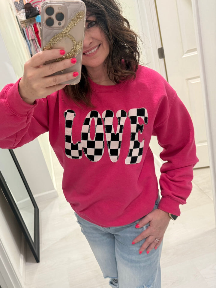Love ▪️Retro Checkerboard ▪️Valentine Hot Pink Sweatshirt