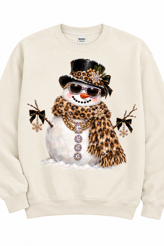 Rhinestone leopard snowman crewneck sweatshirt in natural