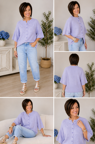 Woman wearing a light purple shirt and blue jeans in various poses with a neutral background.