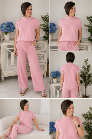 Woman wearing a pink outfit in various poses with a neutral background