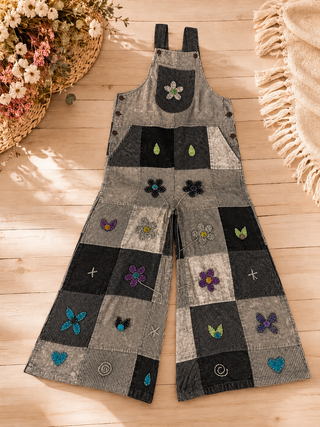 Patchwork Meadow Wide-Leg Overall Jumpsuit – Denim Blue
