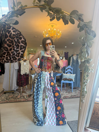 Boho Patchwork Flare Overalls | Bohemian Block Print