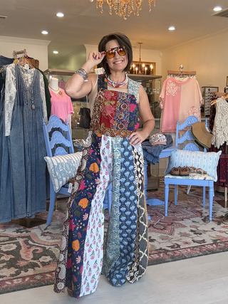 Boho Patchwork Flare Overalls | Bohemian Block Print
