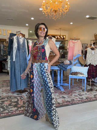 Boho Patchwork Flare Overalls | Bohemian Block Print