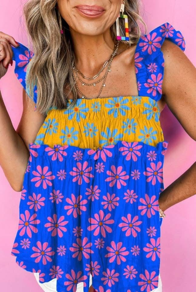 Blue Floral Baby Doll Tank Blouse
