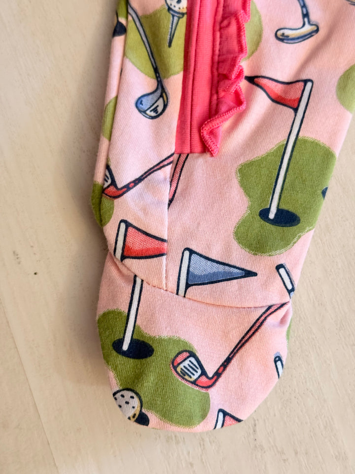 Little Caddie Cozy Zip Romper + Bow Set (Pink Golf Print)