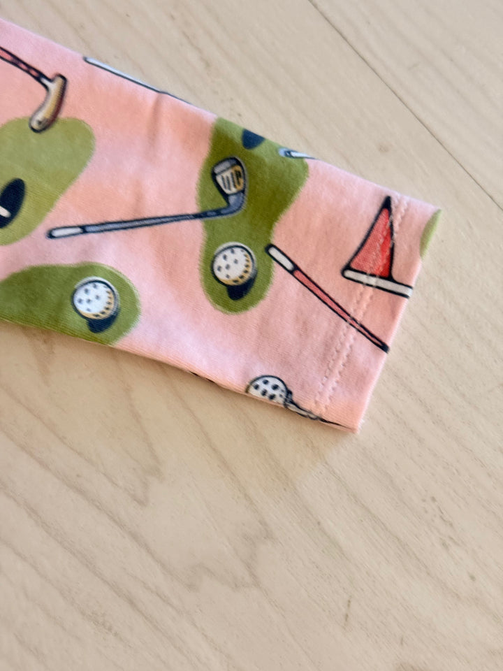 Little Caddie Cozy Zip Romper + Bow Set (Pink Golf Print)