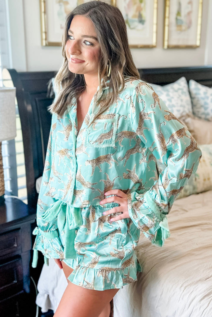 ✨Wildly Dreamy Satin Pajama Set – Mint Leopard Lounge Shorts & Top✨