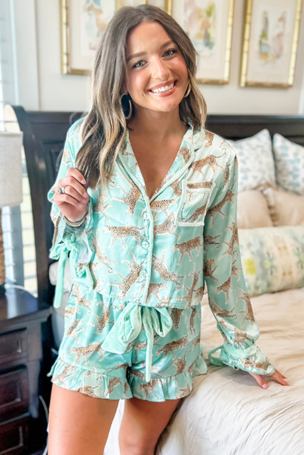 ✨Wildly Dreamy Satin Pajama Set – Mint Leopard Lounge Shorts & Top✨