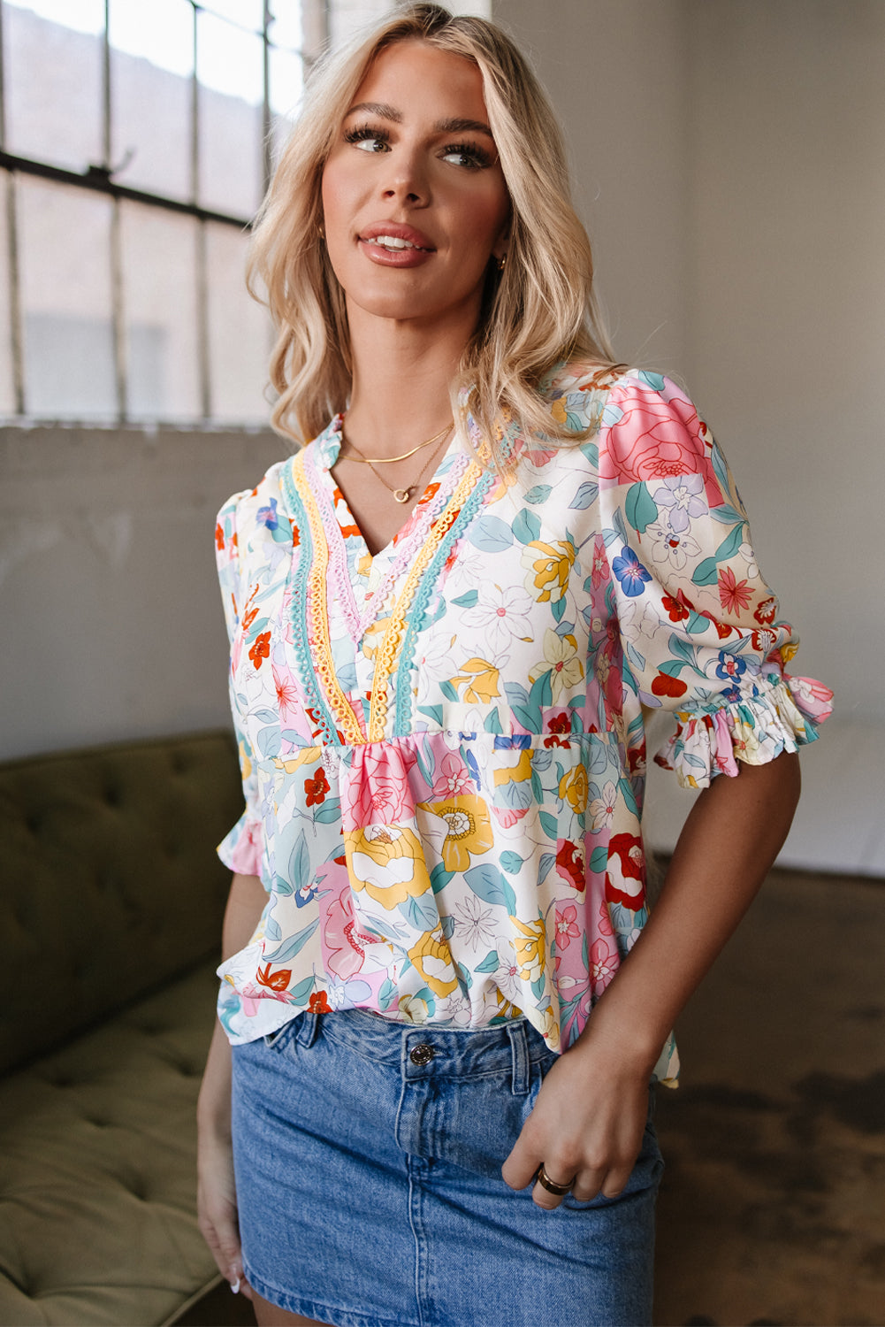 🌸 Confetti Garden Crochet-Trim Blouse