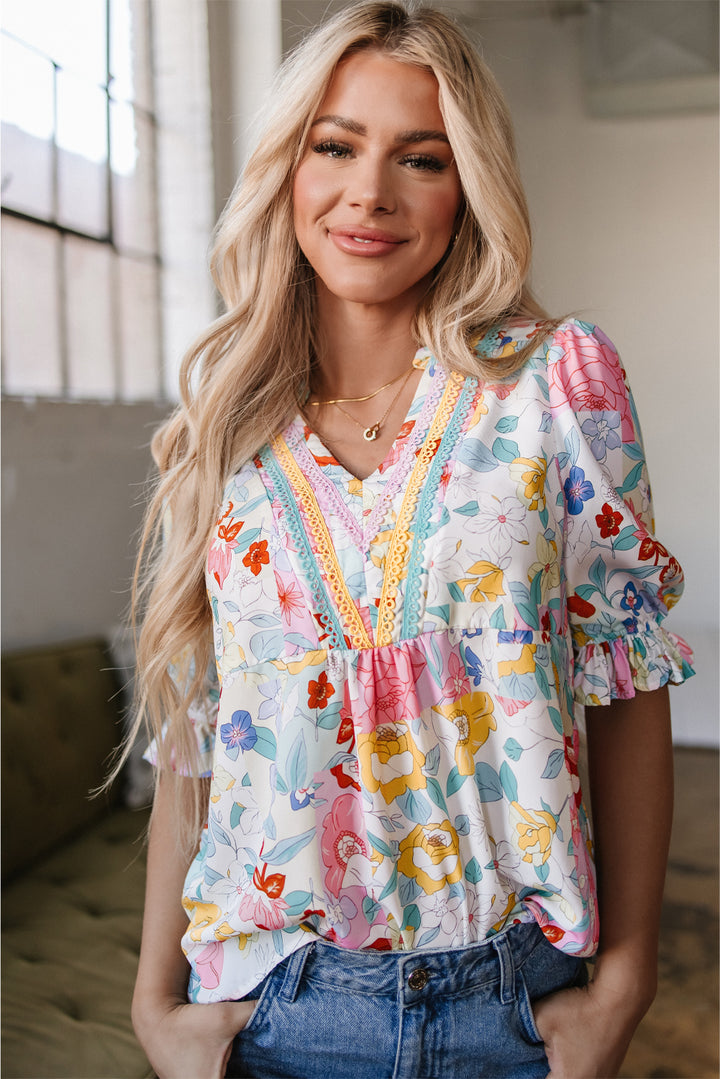 🌸 Confetti Garden Crochet-Trim Blouse