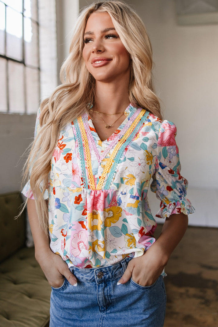🌸 Confetti Garden Crochet-Trim Blouse
