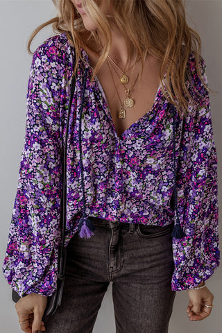 Violet Bloom Boho Blouse – Floral Flare &amp; Luxe Draping