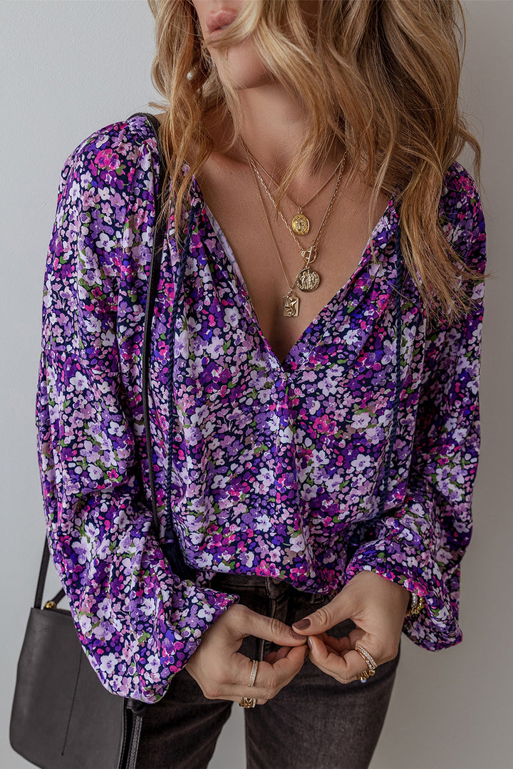 Violet Bloom Boho Blouse – Floral Flare &amp; Luxe Draping
