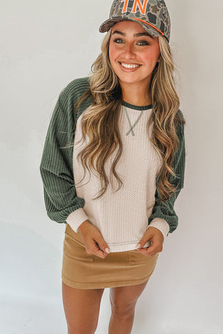 Weekend Rally Waffle Raglan – Forest & Ivory 🌿🤍