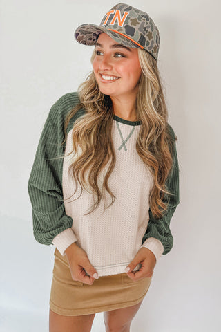 Weekend Rally Waffle Raglan – Forest & Ivory 🌿🤍