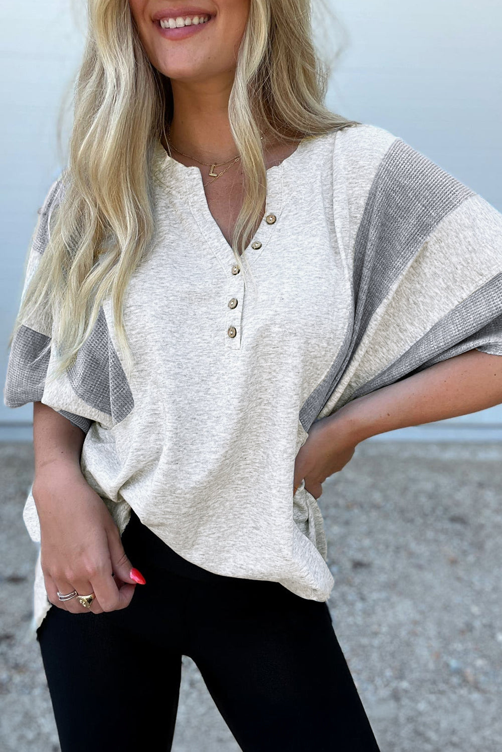 Two Tone Gray Waffle Knit Patched Buttoned V Neck Top