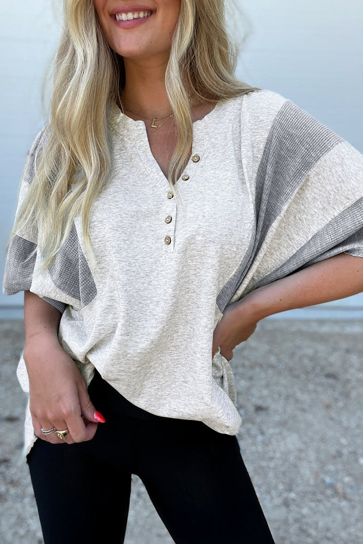 Two Tone Gray Waffle Knit Patched Buttoned V Neck Top