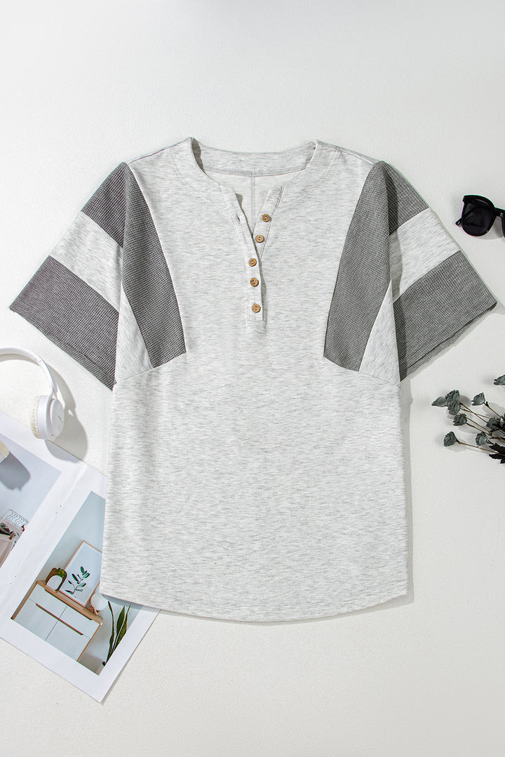 Two Tone Gray Waffle Knit Patched Buttoned V Neck Top