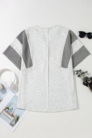 Two Tone Gray Waffle Knit Patched Buttoned V Neck Top