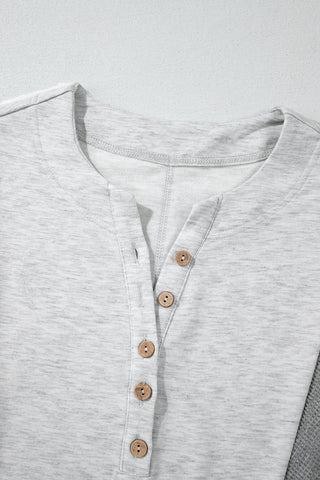 Two Tone Gray Waffle Knit Patched Buttoned V Neck Top