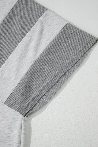 Two Tone Gray Waffle Knit Patched Buttoned V Neck Top