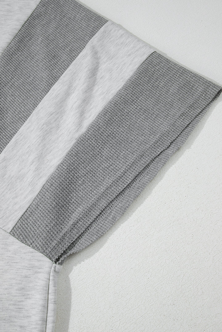 Two Tone Gray Waffle Knit Patched Buttoned V Neck Top
