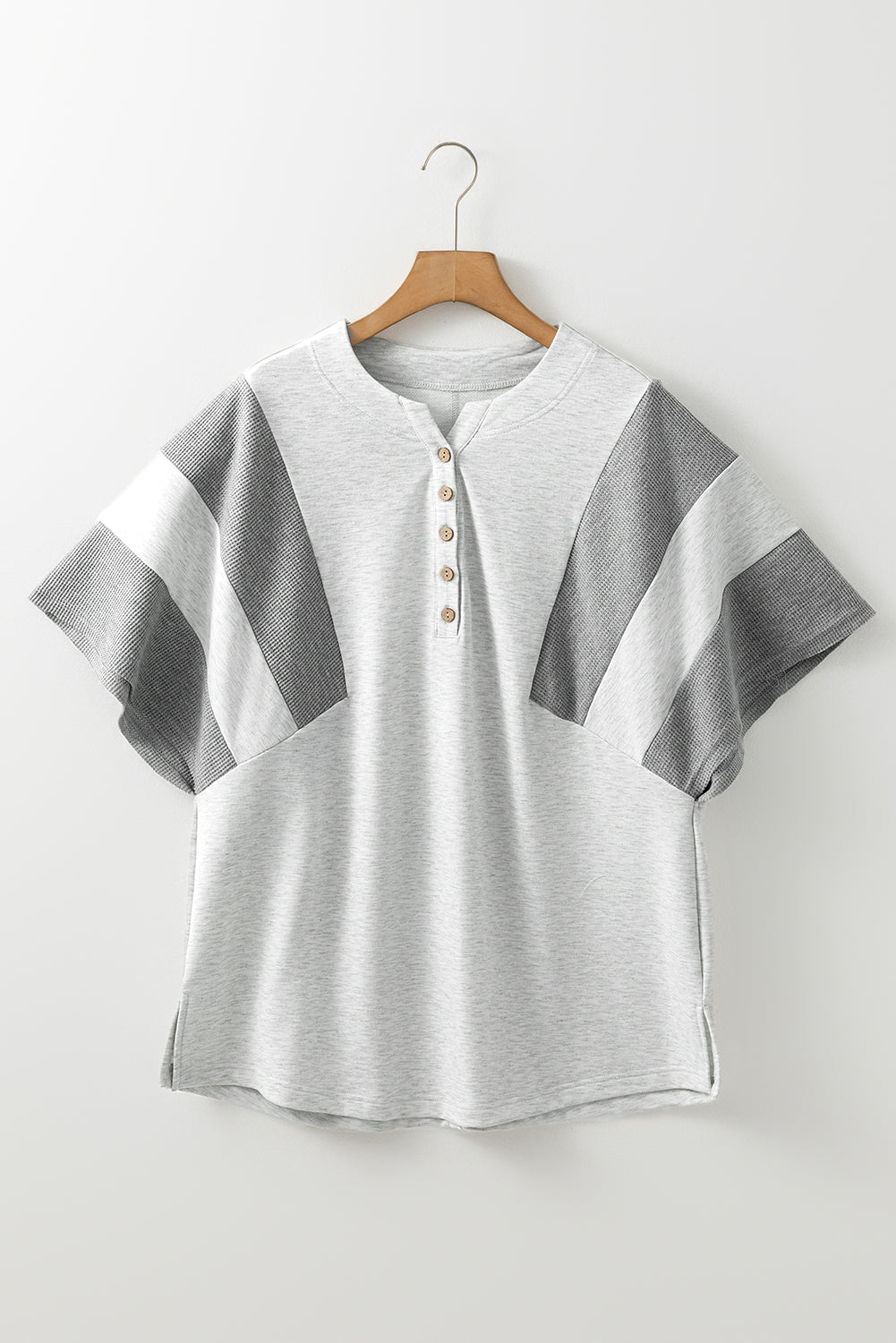 Two Tone Gray Waffle Knit Patched Buttoned V Neck Top