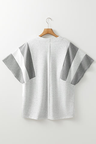 Two Tone Gray Waffle Knit Patched Buttoned V Neck Top