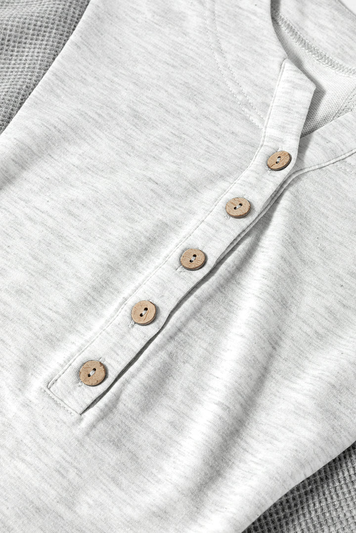 Two Tone Gray Waffle Knit Patched Buttoned V Neck Top