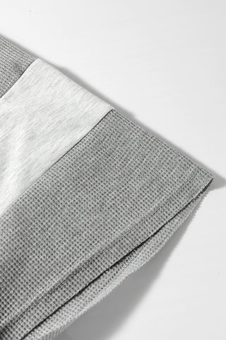 Two Tone Gray Waffle Knit Patched Buttoned V Neck Top
