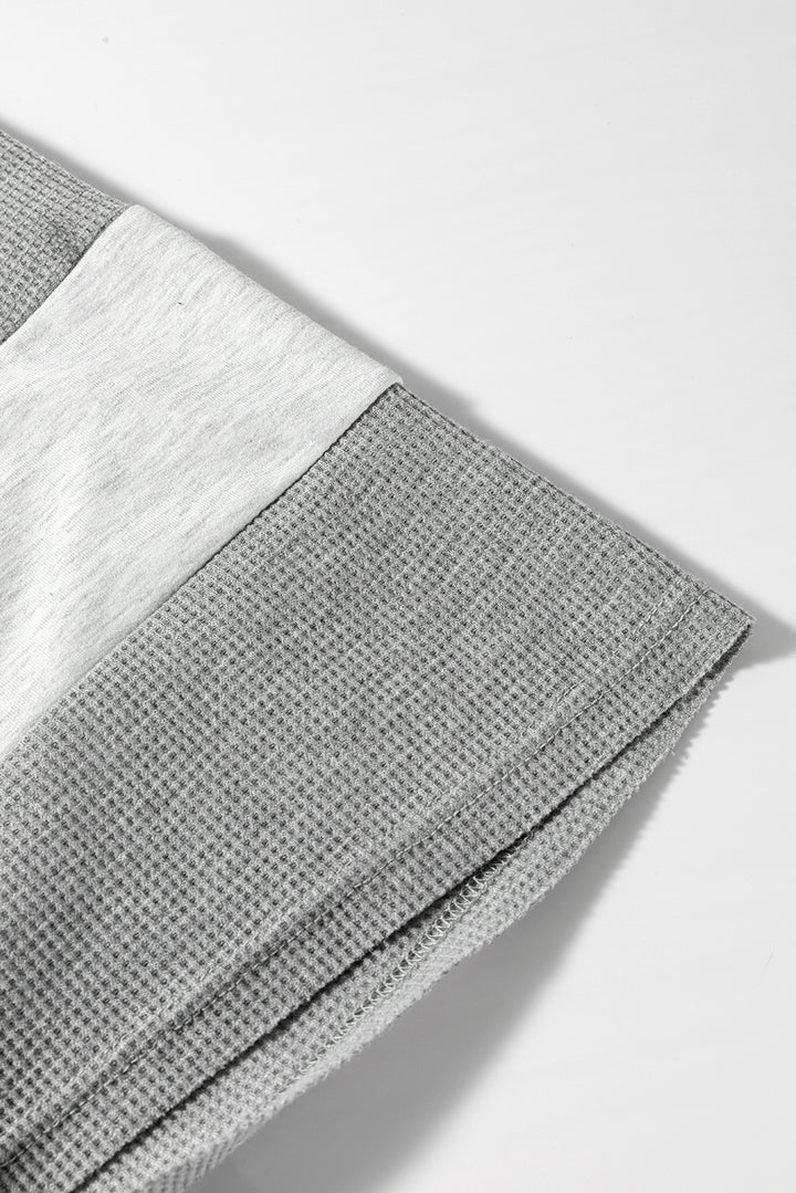 Two Tone Gray Waffle Knit Patched Buttoned V Neck Top