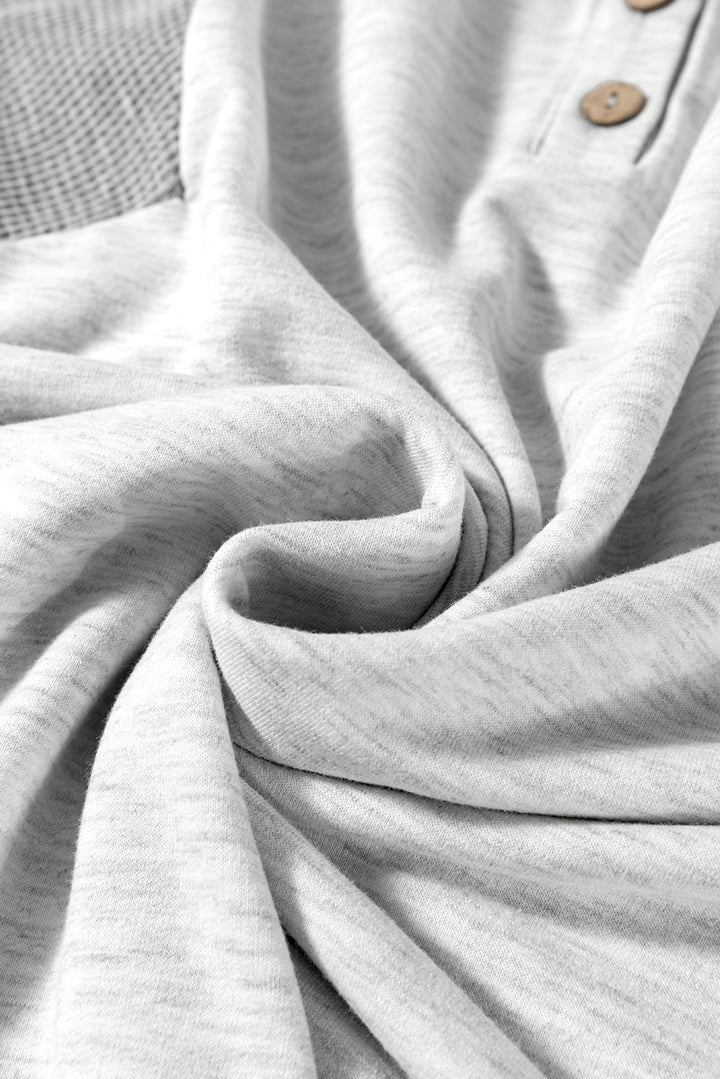 Two Tone Gray Waffle Knit Patched Buttoned V Neck Top