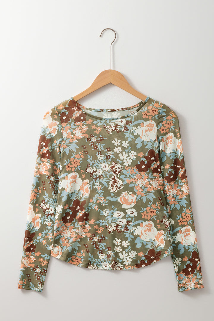 Sage Blossom Mesh Floral Fitted Blouse