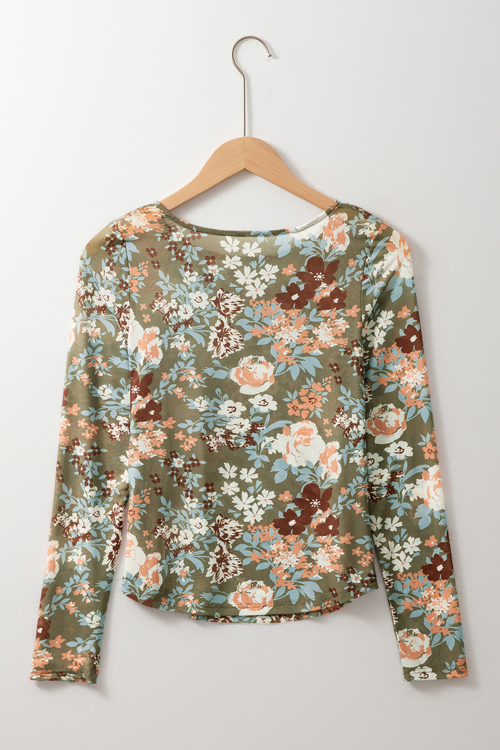 Sage Blossom Mesh Floral Fitted Blouse