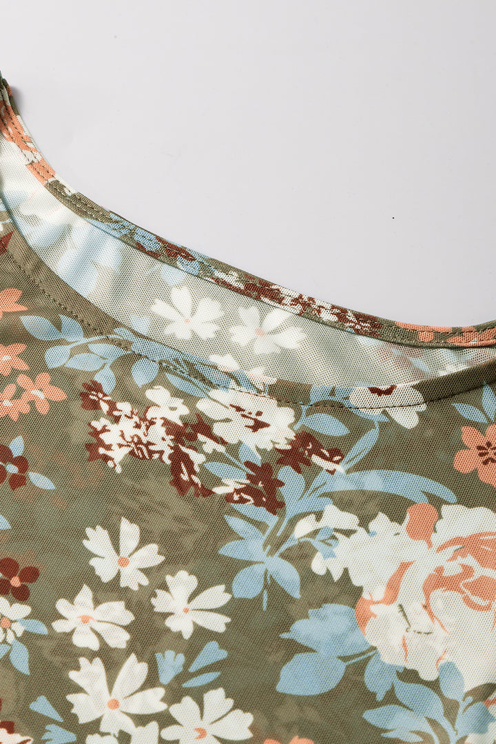 Sage Blossom Mesh Floral Fitted Blouse