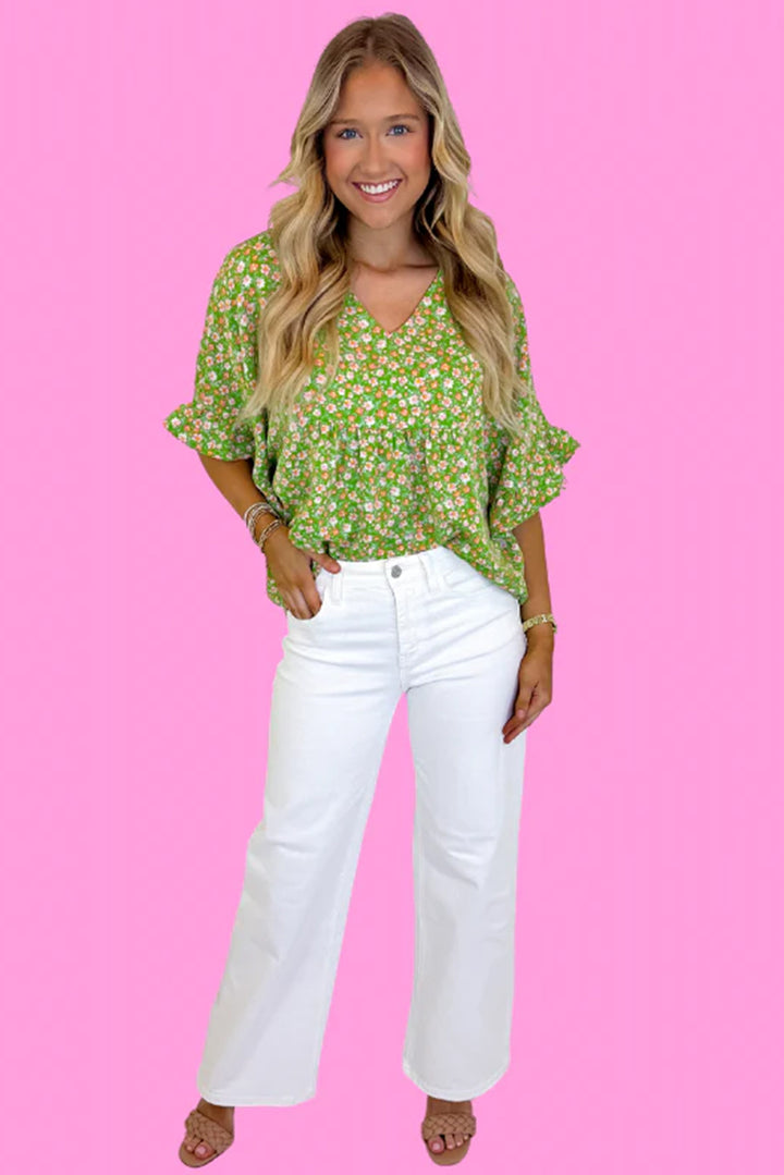 Fresh Meadow Floral Ruffle Blouse – Kelly Green