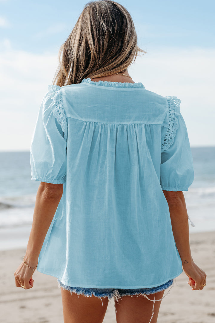 Sea Breeze Eyelet Ruffle Top – Sky Blue