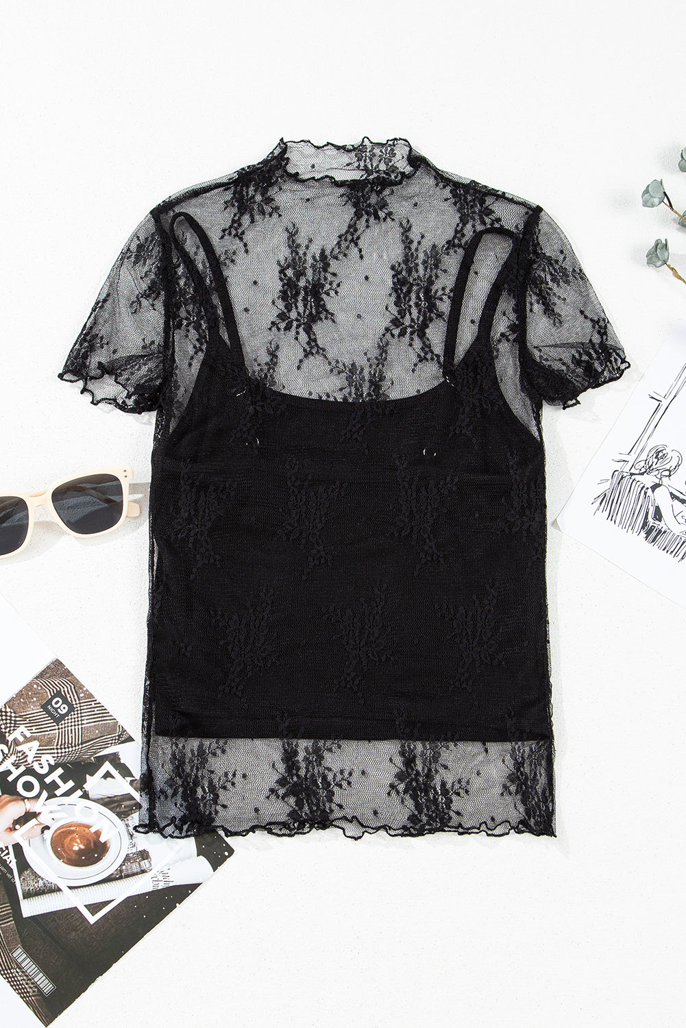2 Piece Layered Black Floral Lace Sheer Short Sleeve Mock Neck Blouse
