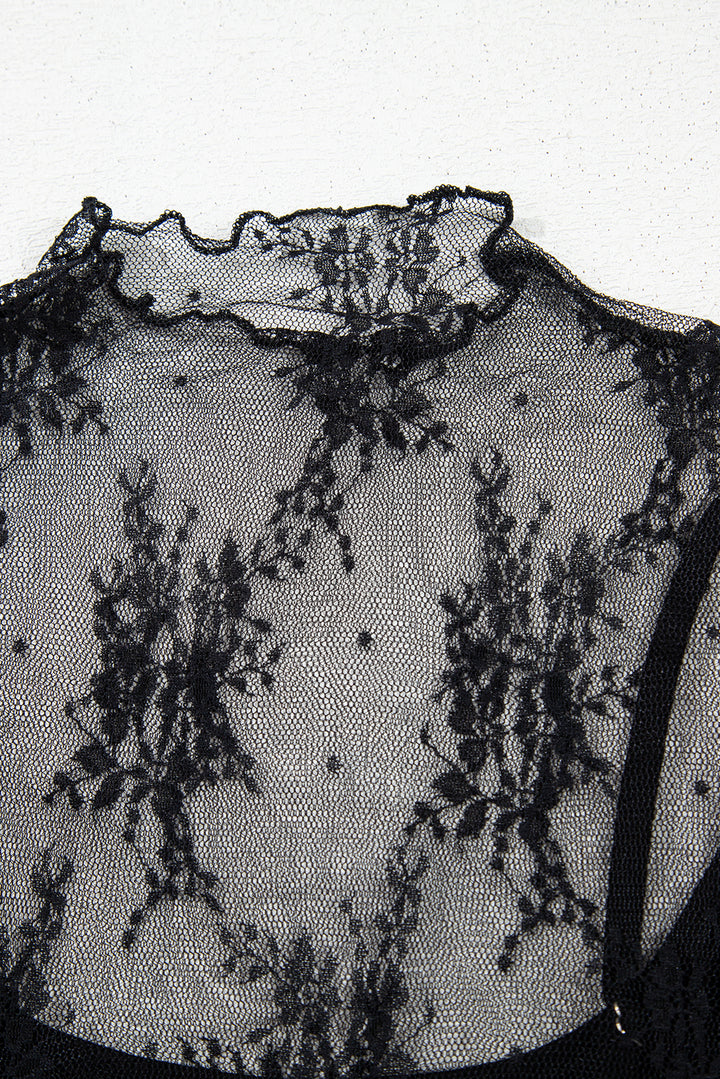 2 Piece Layered Black Floral Lace Sheer Short Sleeve Mock Neck Blouse
