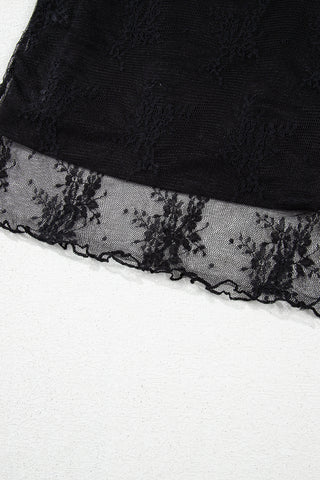 2 Piece Layered Black Floral Lace Sheer Short Sleeve Mock Neck Blouse