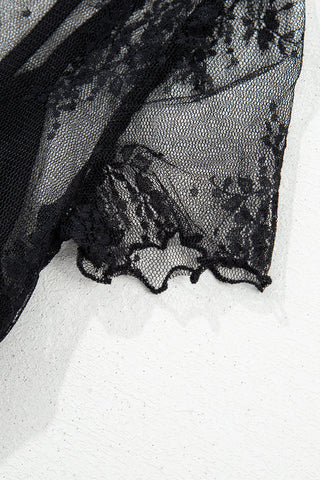 2 Piece Layered Black Floral Lace Sheer Short Sleeve Mock Neck Blouse