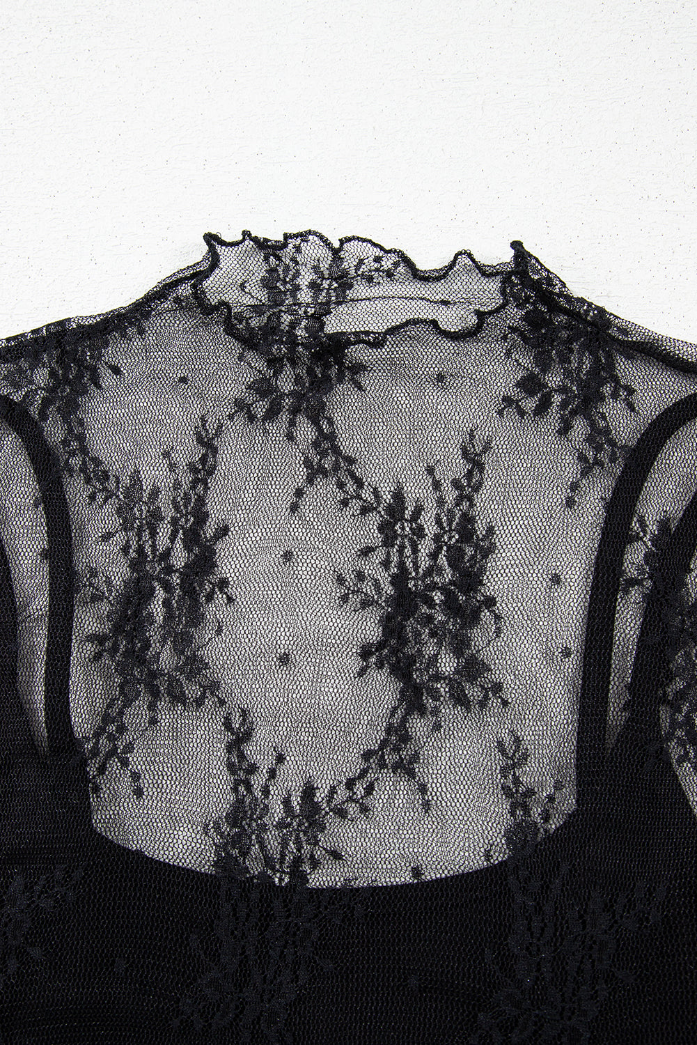 2 Piece Layered Black Floral Lace Sheer Short Sleeve Mock Neck Blouse