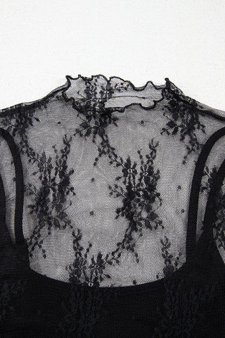 2 Piece Layered Black Floral Lace Sheer Short Sleeve Mock Neck Blouse