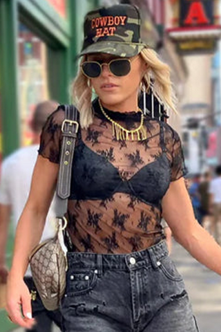 2 Piece Layered Black Floral Lace Sheer Short Sleeve Mock Neck Blouse