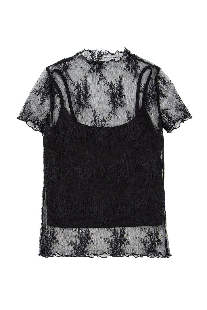 2 Piece Layered Black Floral Lace Sheer Short Sleeve Mock Neck Blouse